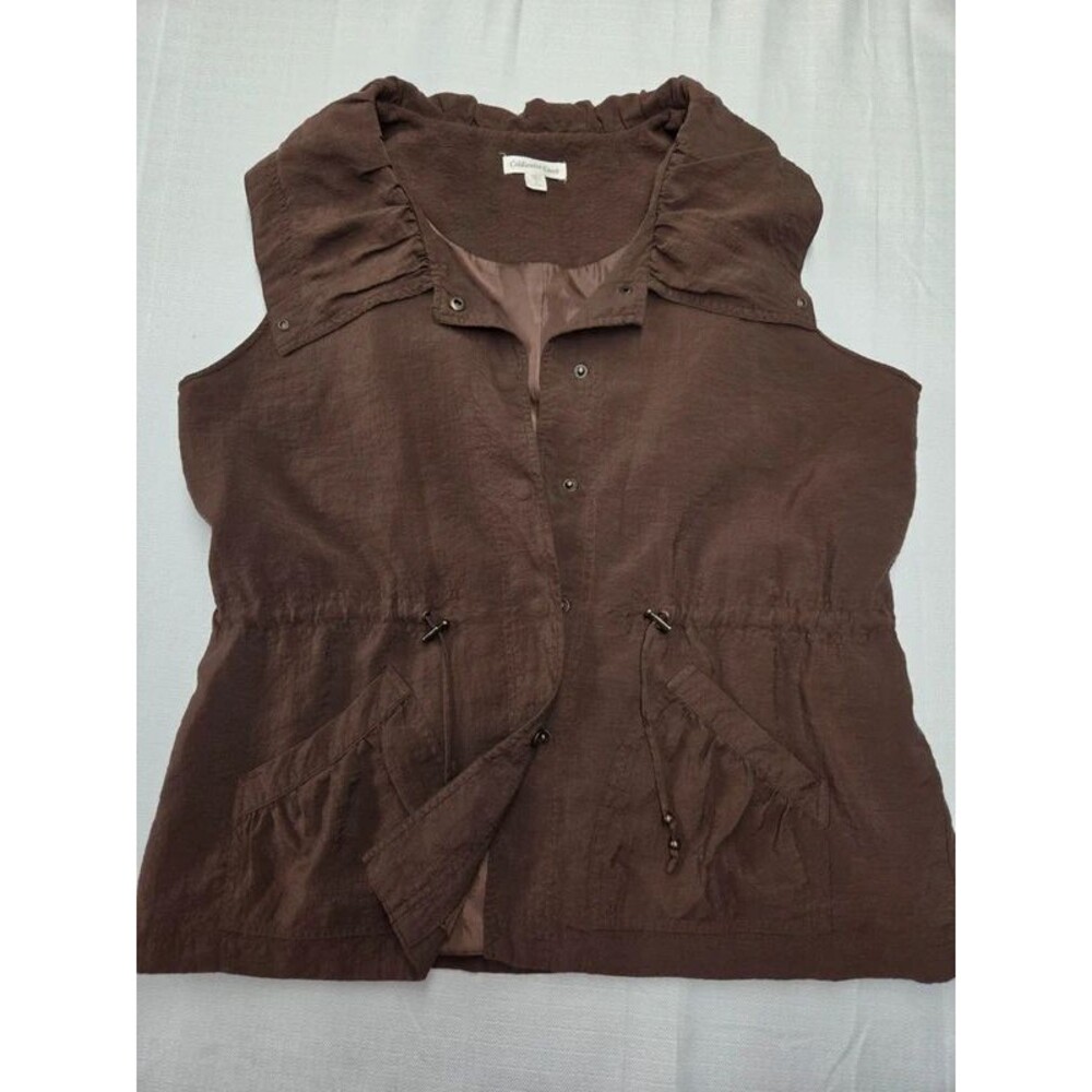 Coldwater Creek Chocolate Brown Utility Vest L Drawstring Waist Ruffle Collar